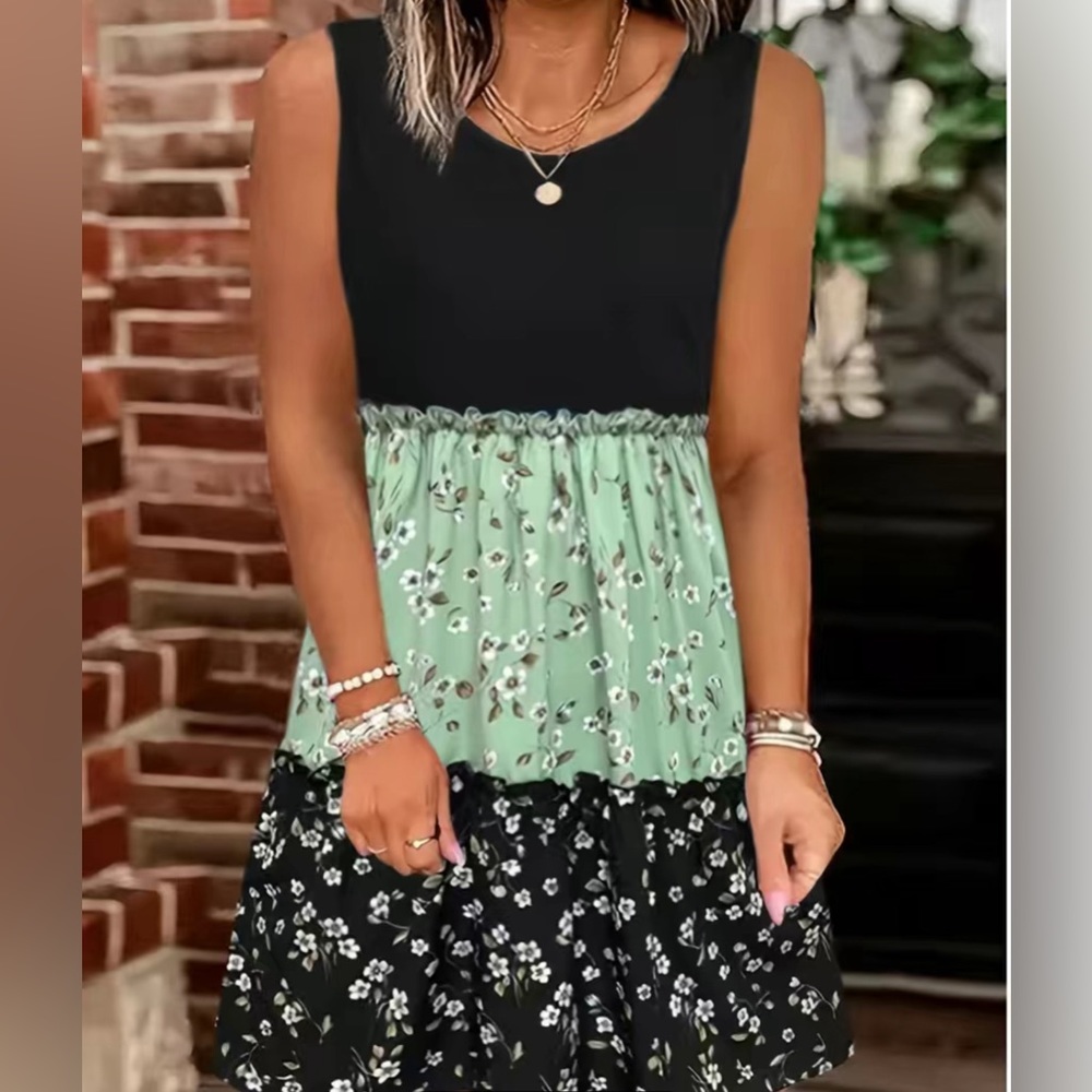 Floral Print Color Block Crew Neck Dress